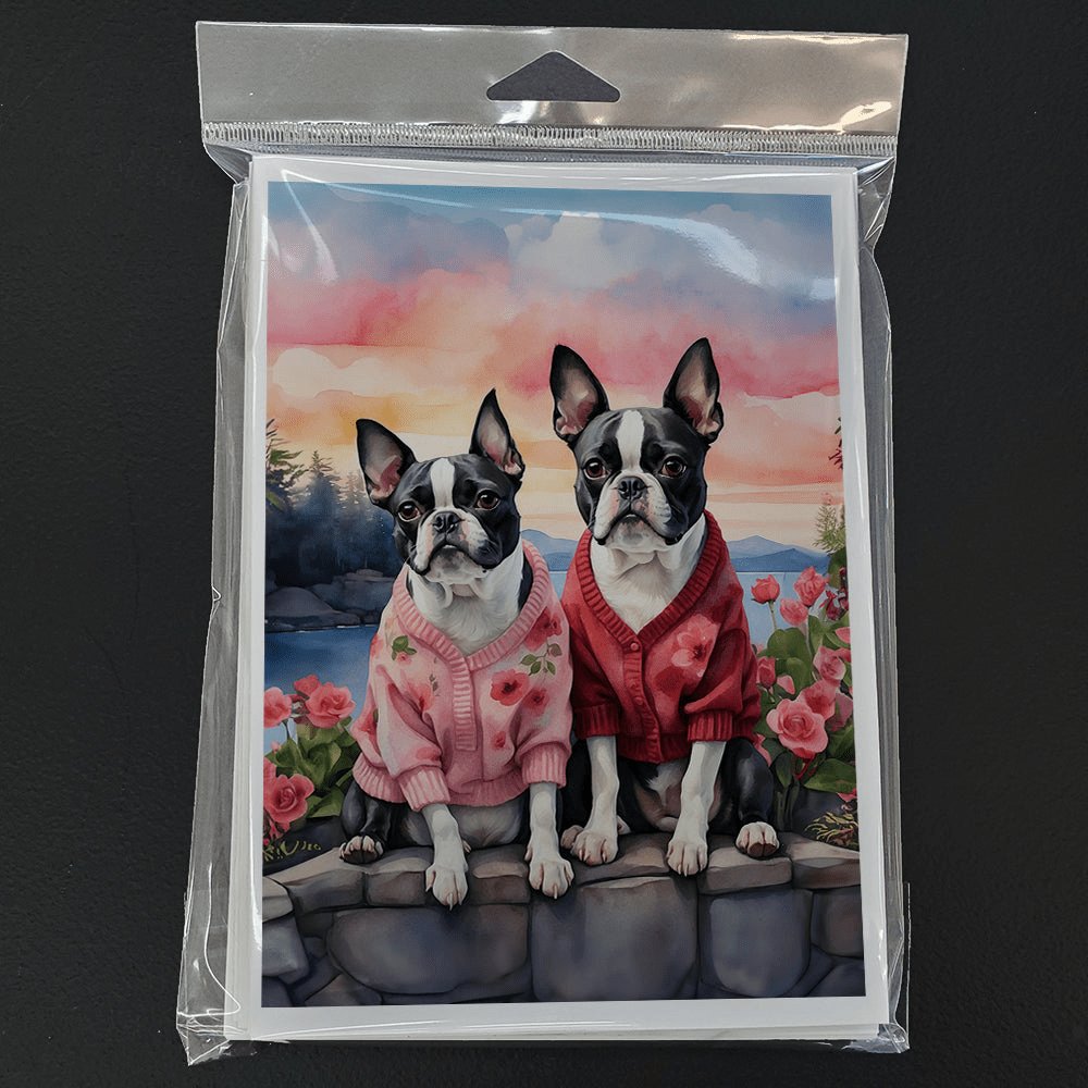 Glamorous Pups : Boston Terrier Two Hearts Greeting Cards Pack of 8
