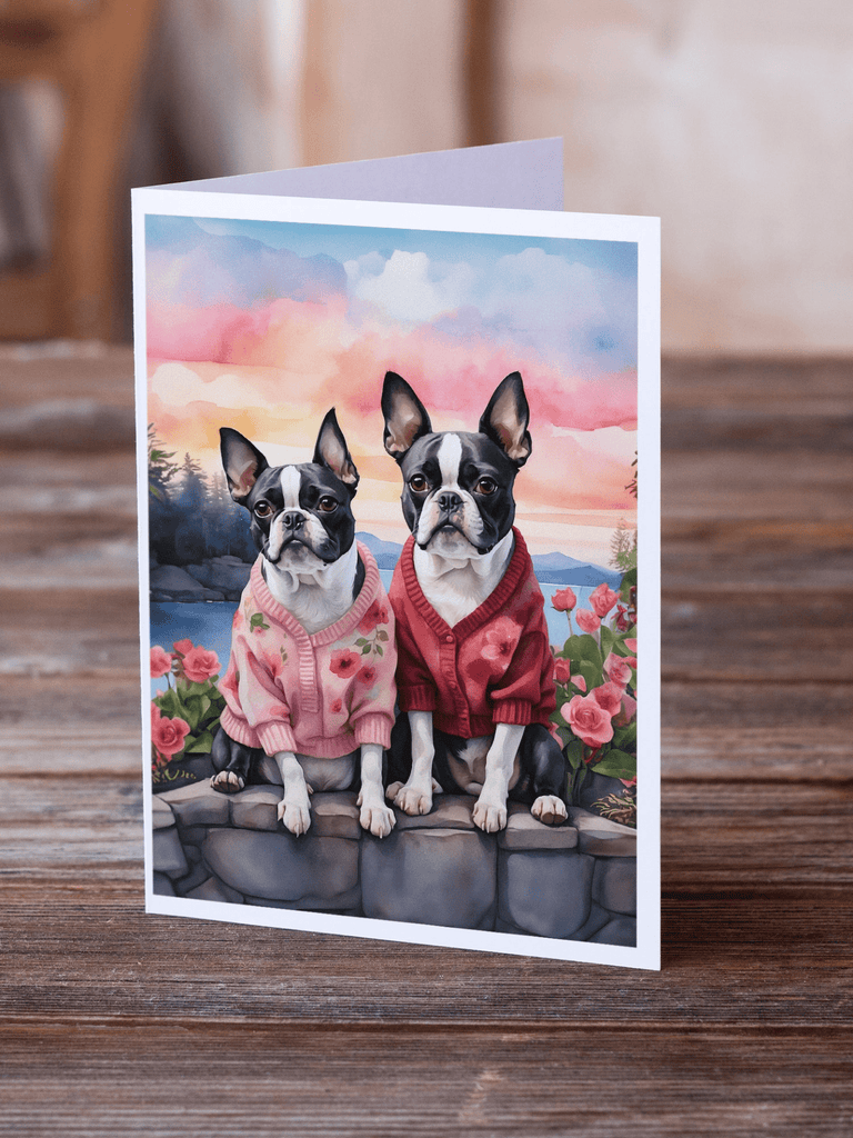Glamorous Pups : Boston Terrier Two Hearts Greeting Cards Pack of 8