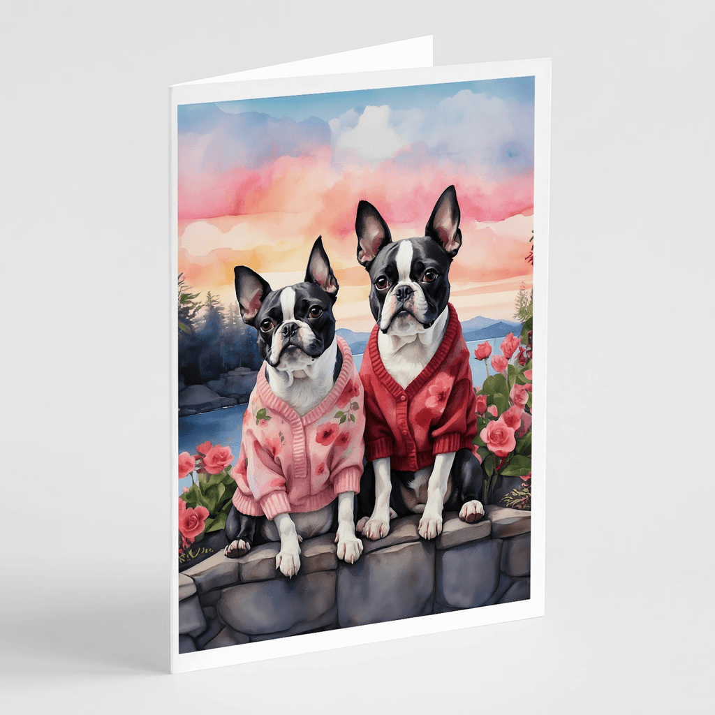 Glamorous Pups : Boston Terrier Two Hearts Greeting Cards Pack of 8