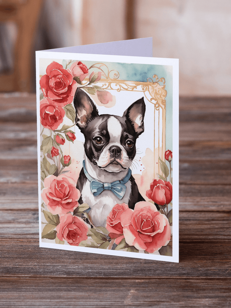 Glamorous Pups : Boston Terrier Valentine Roses Greeting Cards Pack of 8