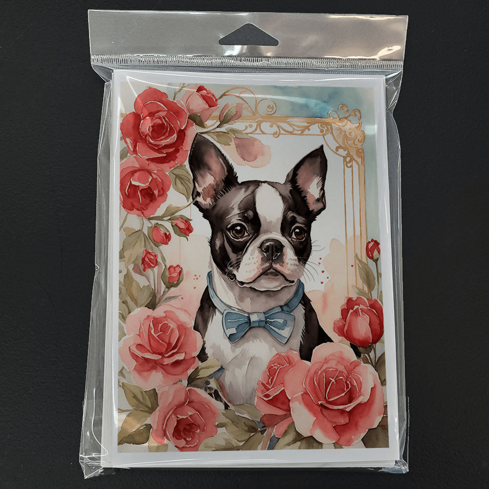 Glamorous Pups : Boston Terrier Valentine Roses Greeting Cards Pack of 8