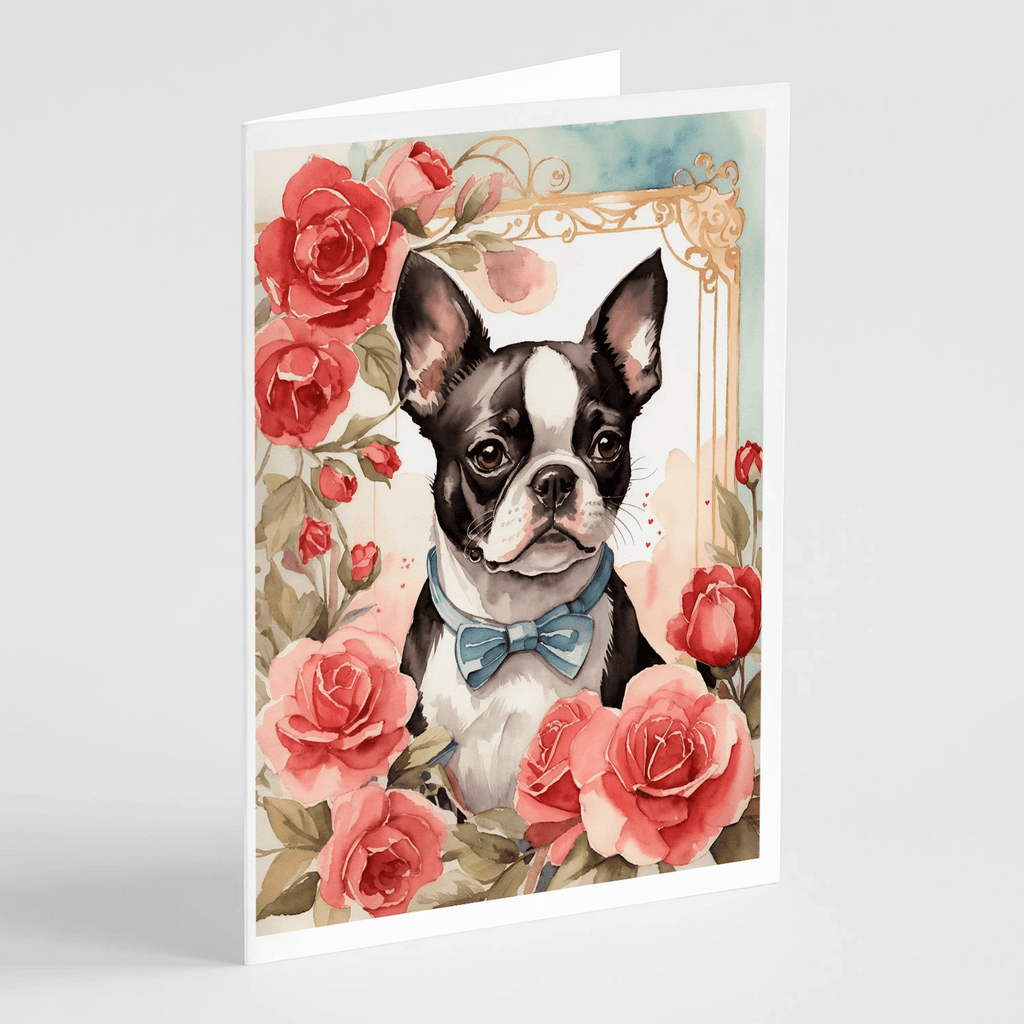 Glamorous Pups : Boston Terrier Valentine Roses Greeting Cards Pack of 8