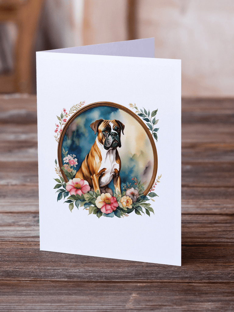 Glamorous Pups : Boxer and Flowers Greeting Cards Pack of 8