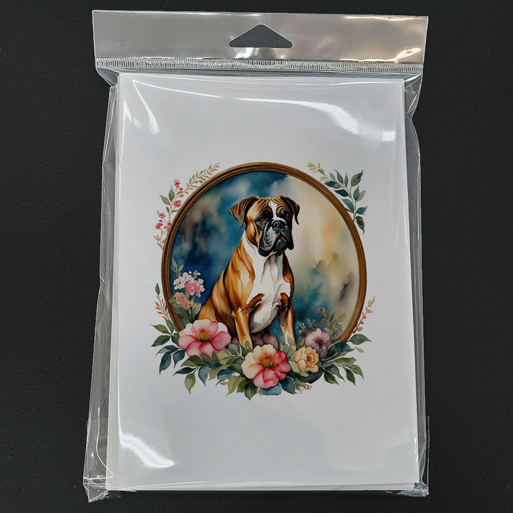 Glamorous Pups : Boxer and Flowers Greeting Cards Pack of 8