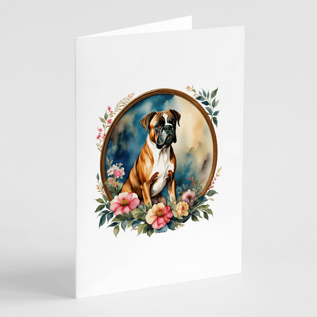Glamorous Pups : Boxer and Flowers Greeting Cards Pack of 8