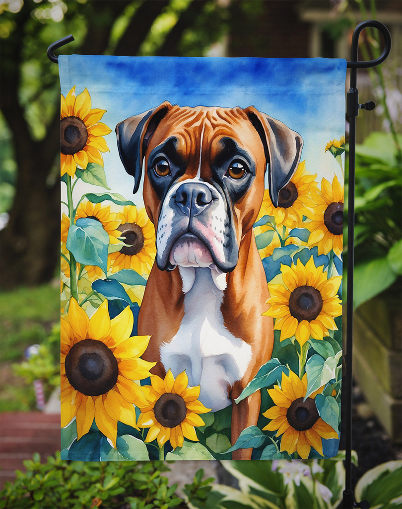 Glamorous Pups : Boxer in Sunflowers Garden Flag