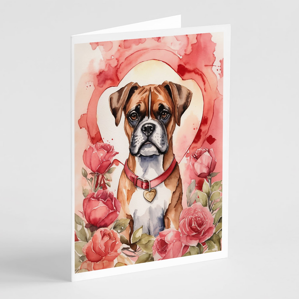 Glamorous Pups : Boxer Valentine Roses Greeting Cards Pack of 8