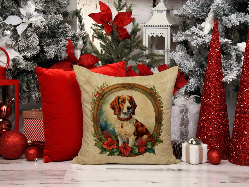 Glamorous Pups : Brittany Spaniel Christmas Flowers Throw Pillow