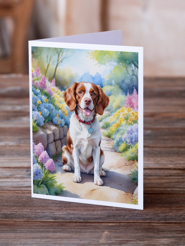 Glamorous Pups : Brittany Spaniel Spring Path Greeting Cards Pack of 8