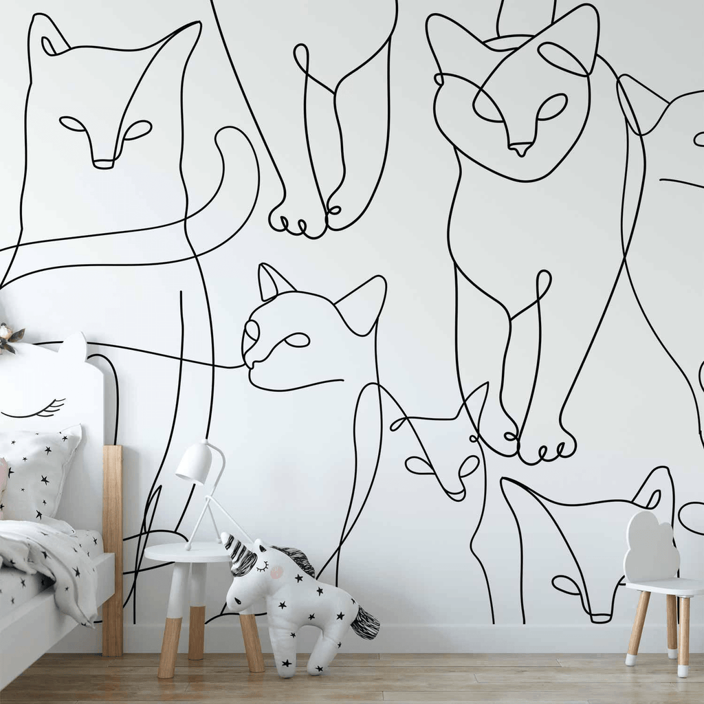 Glamorous Pups : Carta da parati - Cat lineart - minimalist sketches of black cats on white background