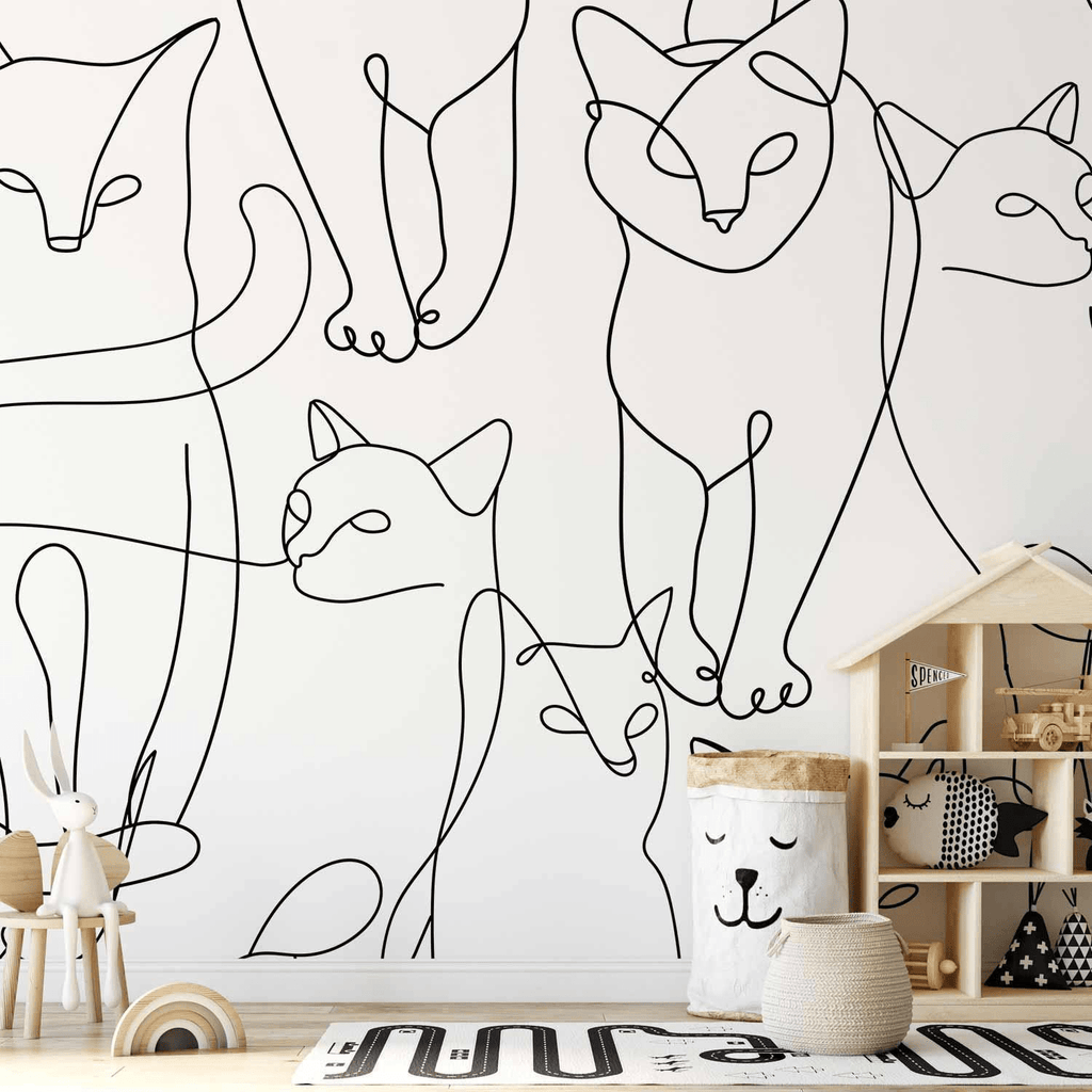 Glamorous Pups : Carta da parati - Cat lineart - minimalist sketches of black cats on white background