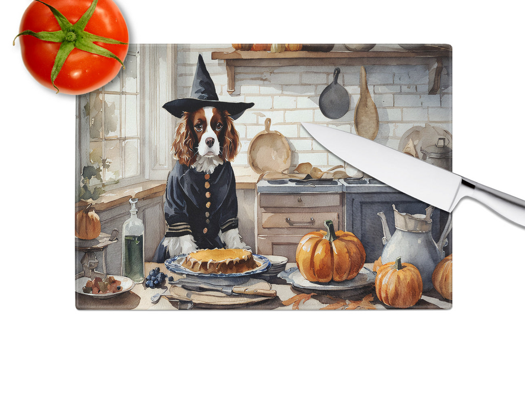 Glamorous Pups : Cavalier Spaniel Fall Kitchen Pumpkins Glass Cutting Board