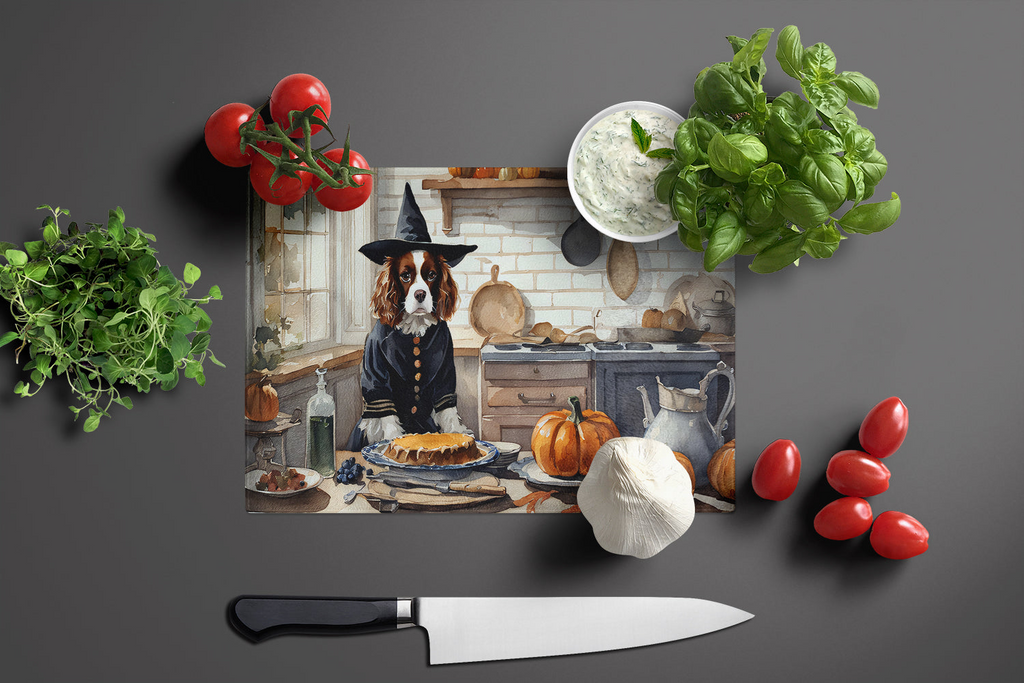 Glamorous Pups : Cavalier Spaniel Fall Kitchen Pumpkins Glass Cutting Board