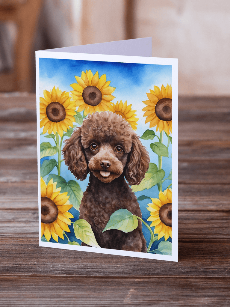 Glamorous Pups : Chocolate Poodle in Sunflowers Greeting Cards Pack of 8