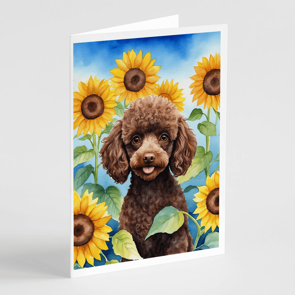 Glamorous Pups : Chocolate Poodle in Sunflowers Greeting Cards Pack of 8