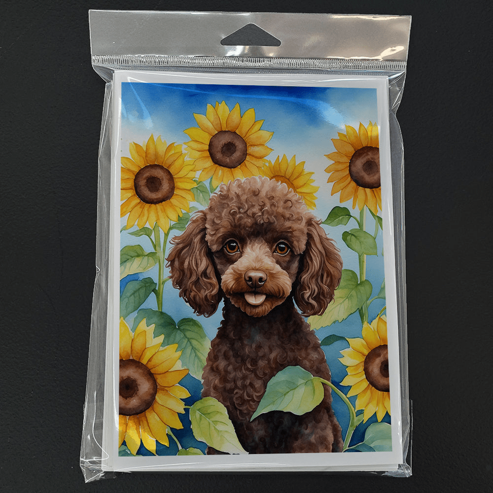 Glamorous Pups : Chocolate Poodle in Sunflowers Greeting Cards Pack of 8