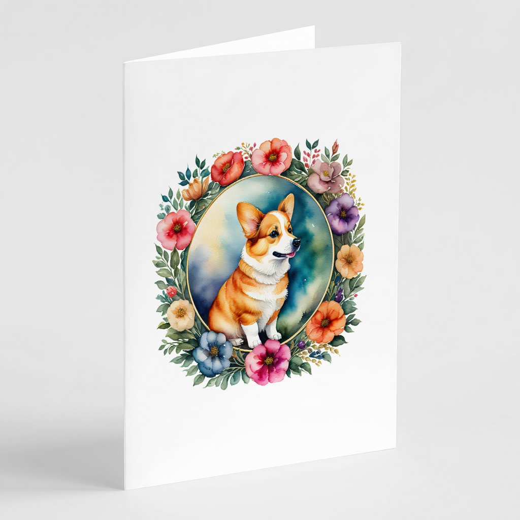 Glamorous Pups : Corgi and Flowers Greeting Cards Pack of 8