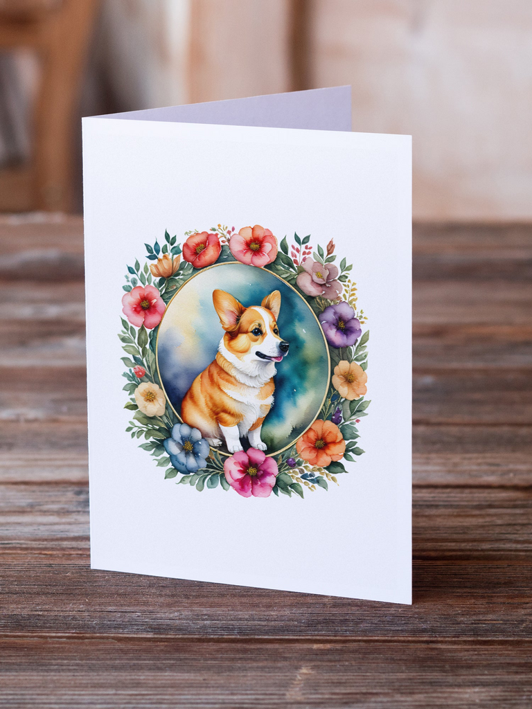 Glamorous Pups : Corgi and Flowers Greeting Cards Pack of 8