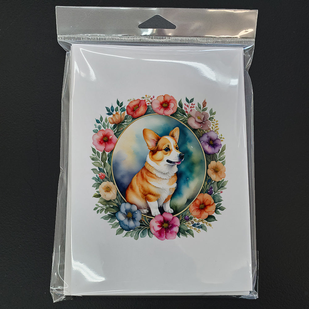 Glamorous Pups : Corgi and Flowers Greeting Cards Pack of 8