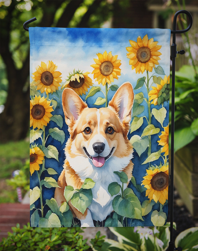 Glamorous Pups : Corgi in Sunflowers Garden Flag