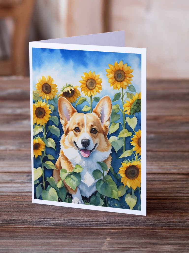 Glamorous Pups : Corgi in Sunflowers Greeting Cards Pack of 8