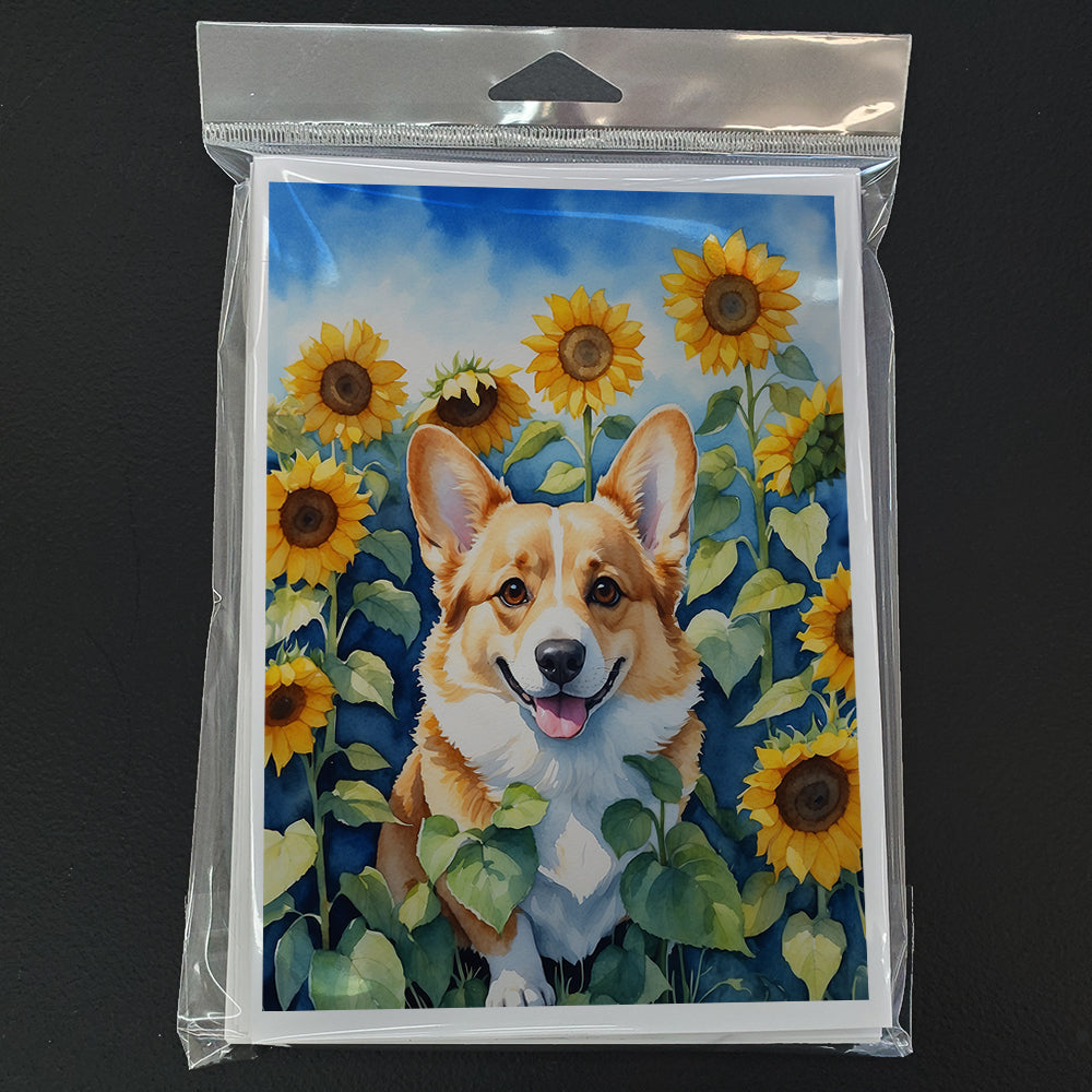 Glamorous Pups : Corgi in Sunflowers Greeting Cards Pack of 8