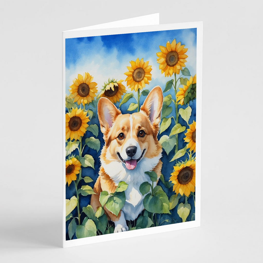 Glamorous Pups : Corgi in Sunflowers Greeting Cards Pack of 8