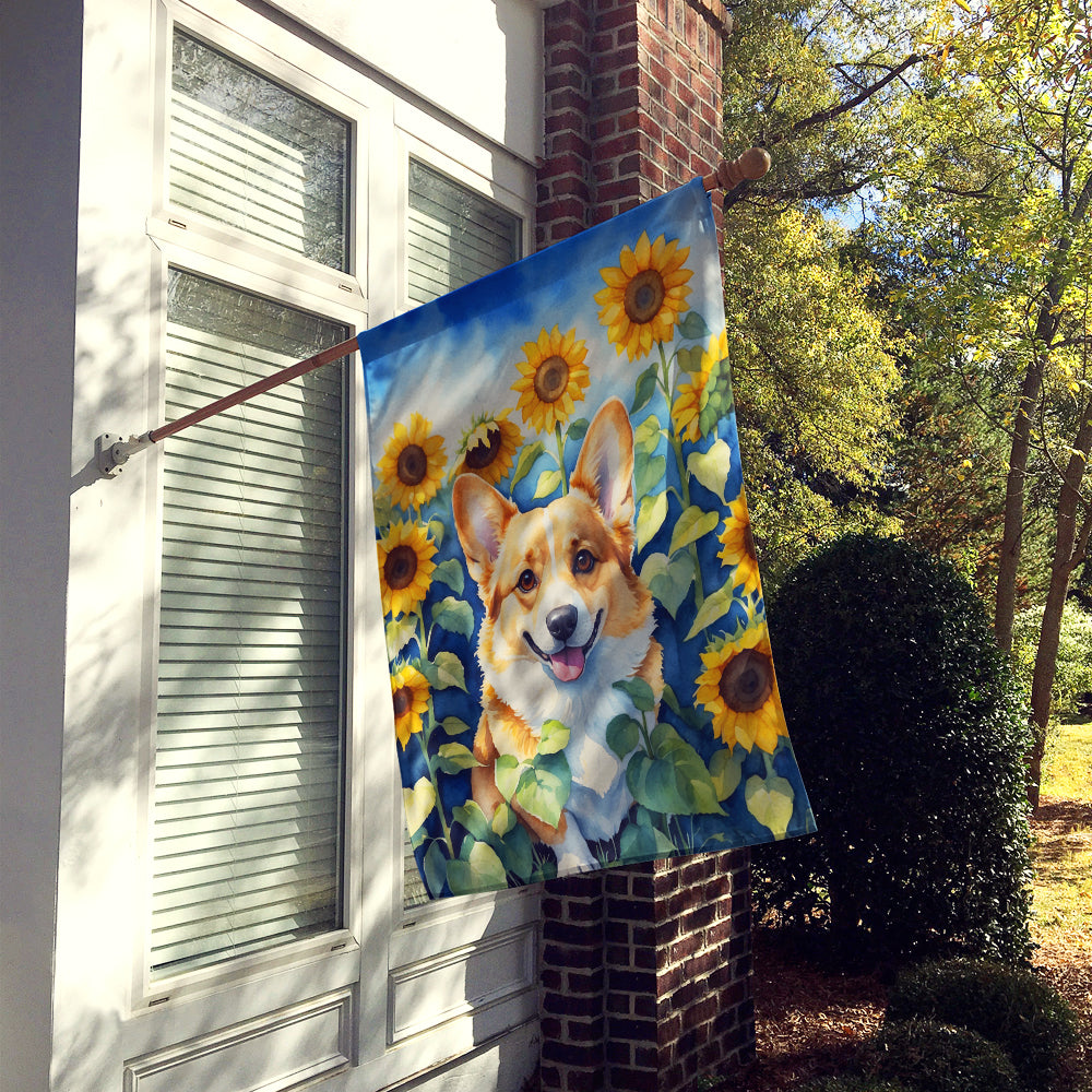 Glamorous Pups : Corgi in Sunflowers House Flag