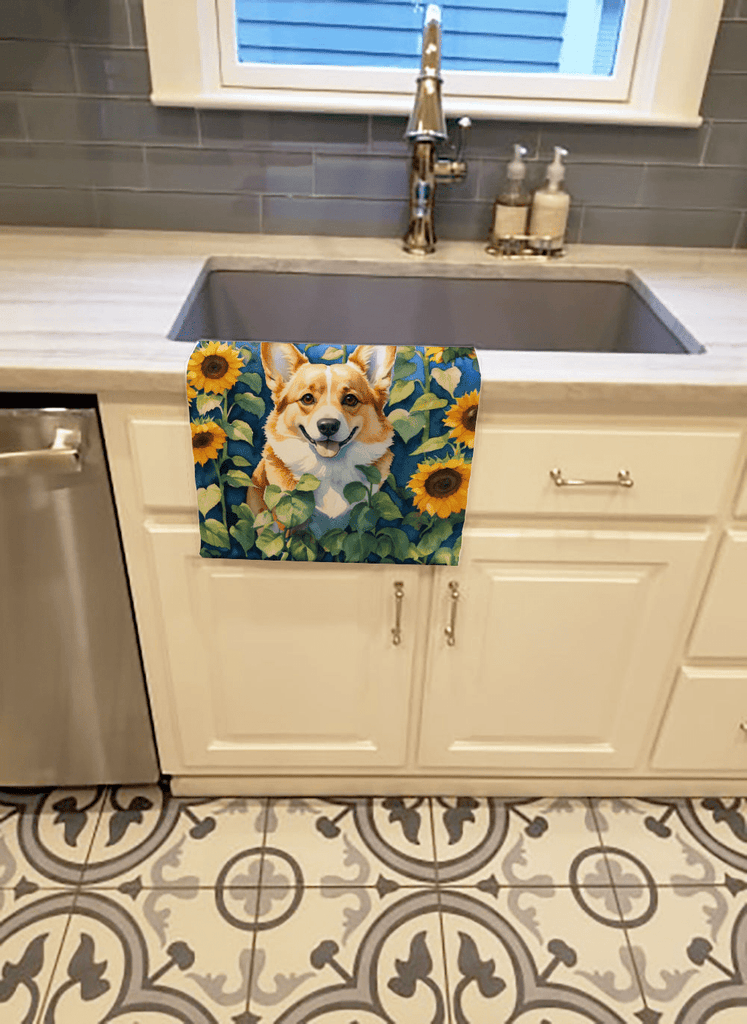 Glamorous Pups : Corgi in Sunflowers Kitchen Towel