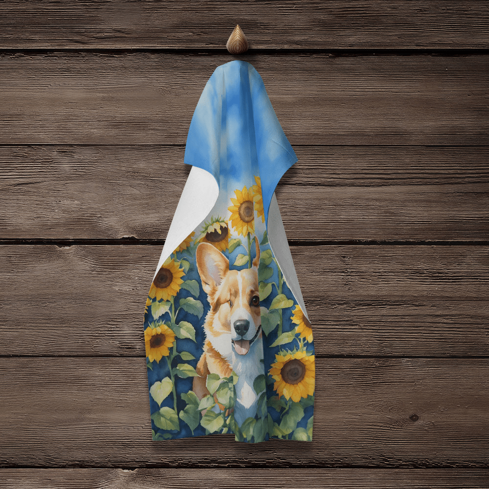 Glamorous Pups : Corgi in Sunflowers Kitchen Towel