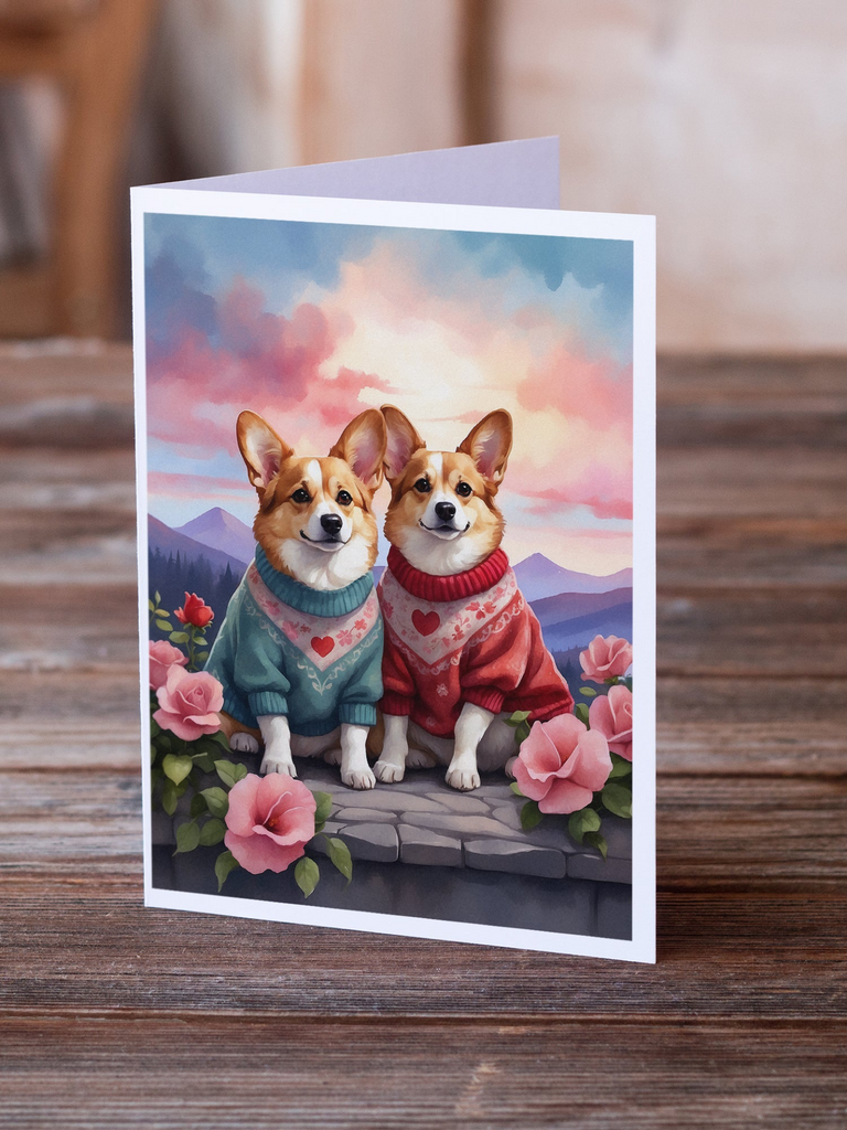 Glamorous Pups : Corgi Two Hearts Greeting Cards Pack of 8