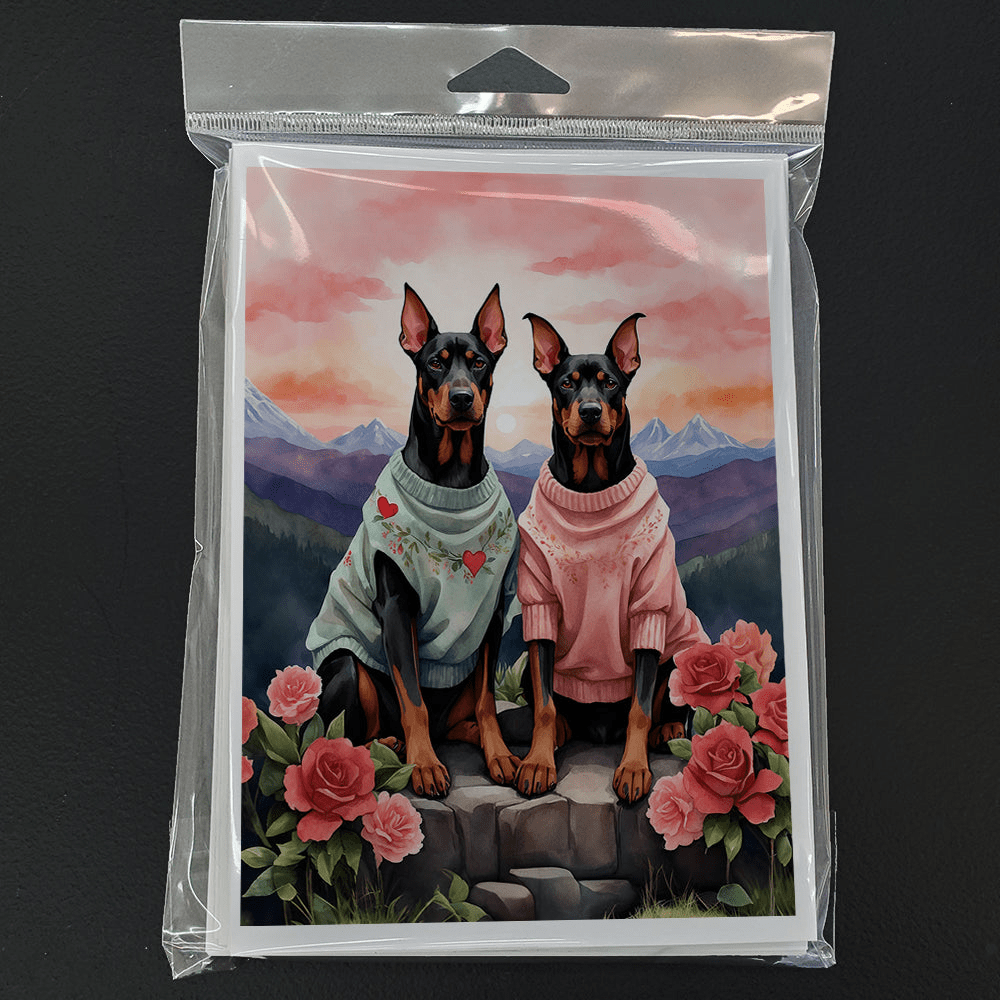 Glamorous Pups : Doberman Pinscher Two Hearts Greeting Cards Pack of 8