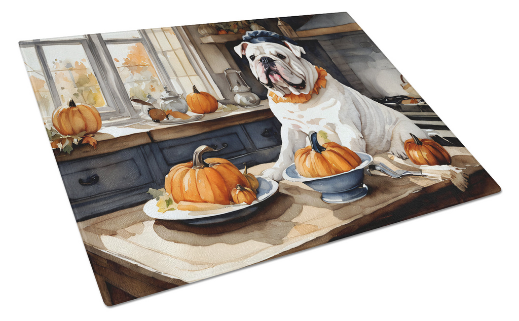 Glamorous Pups : English Bulldog Fall Kitchen Pumpkins Glass Cutting Board