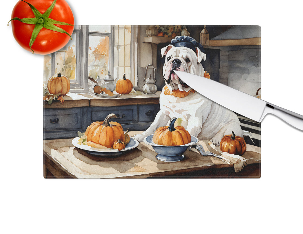 Glamorous Pups : English Bulldog Fall Kitchen Pumpkins Glass Cutting Board