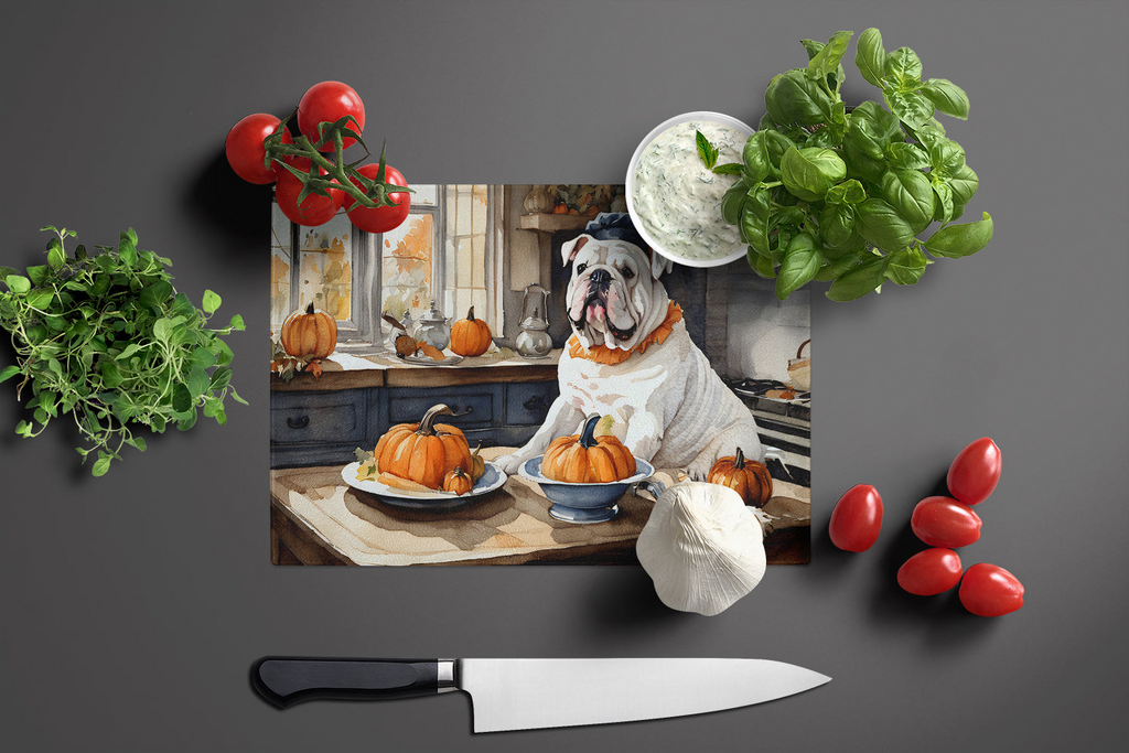 Glamorous Pups : English Bulldog Fall Kitchen Pumpkins Glass Cutting Board