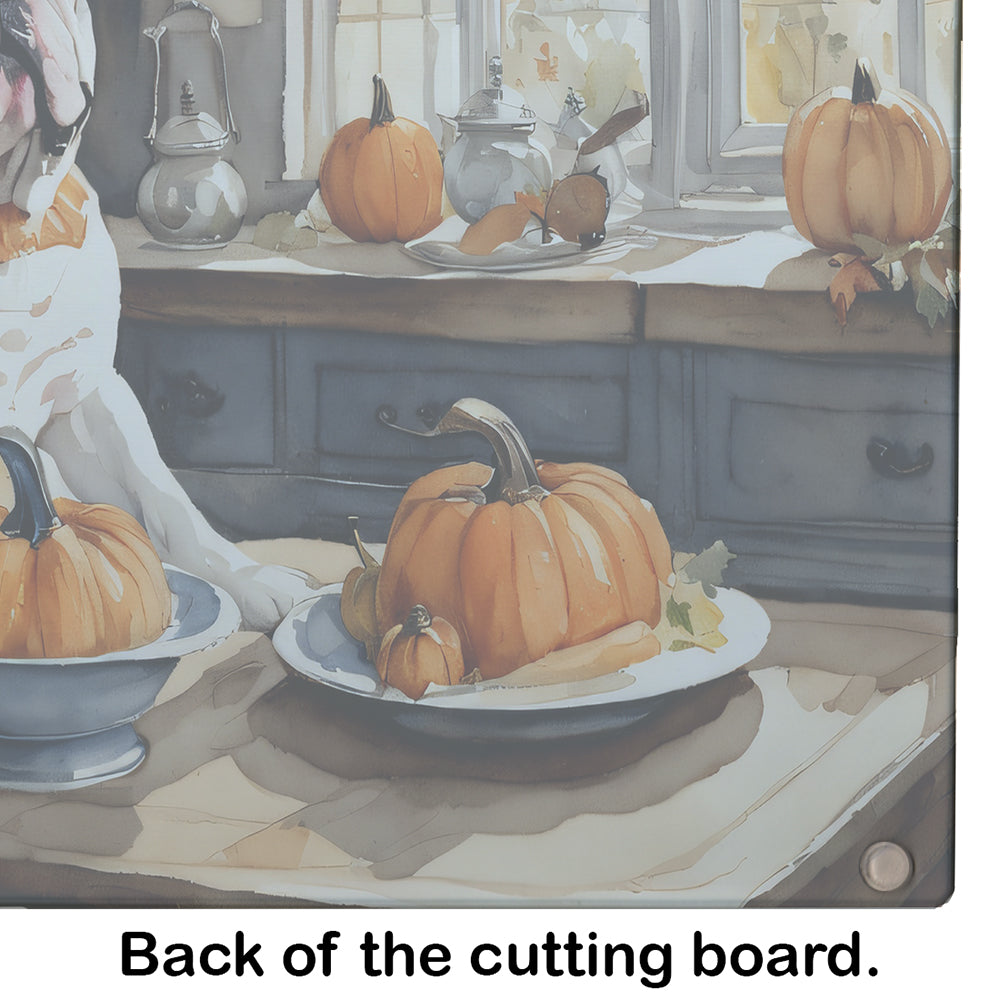 Glamorous Pups : English Bulldog Fall Kitchen Pumpkins Glass Cutting Board