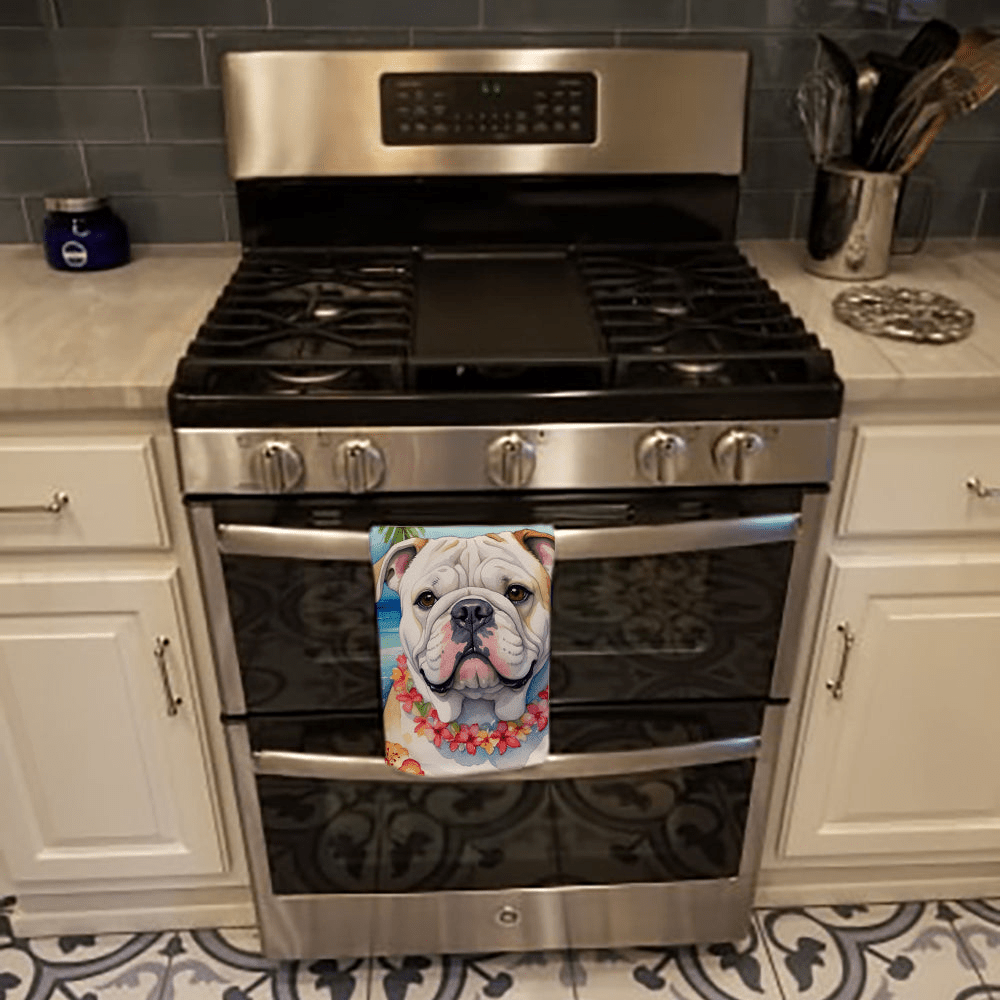 Glamorous Pups : English Bulldog Luau Kitchen Towel
