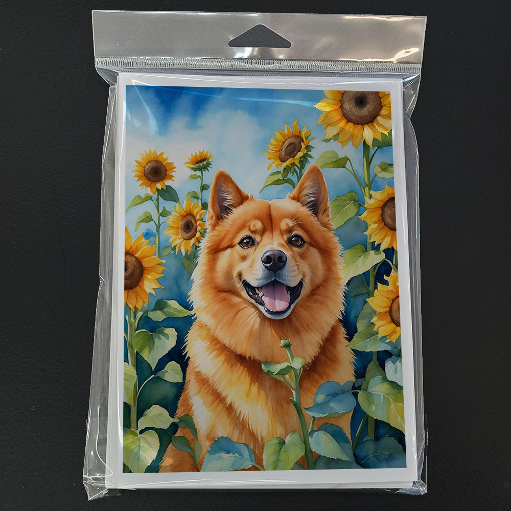 Glamorous Pups : Finnish Spitz in Sunflowers Greeting Cards Pack of 8