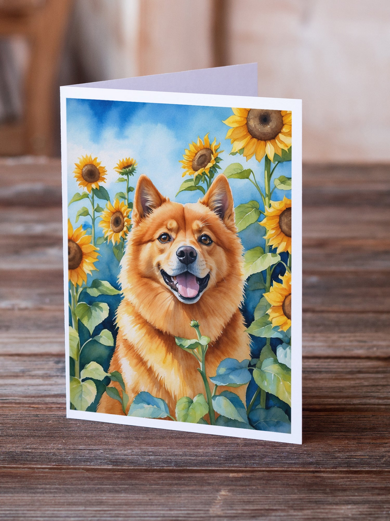 Glamorous Pups : Finnish Spitz in Sunflowers Greeting Cards Pack of 8