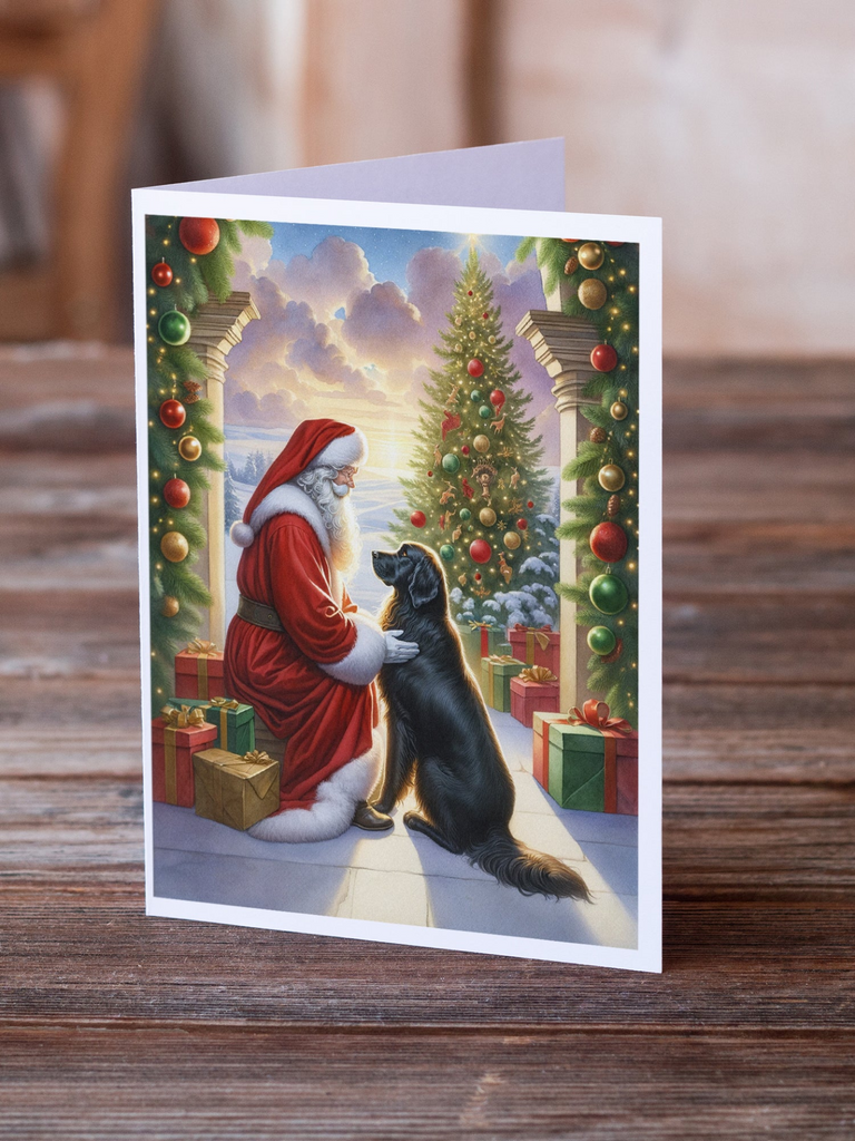 Glamorous Pups : Flat-Coated Retriever and Santa Claus Greeting Cards Pack of 8