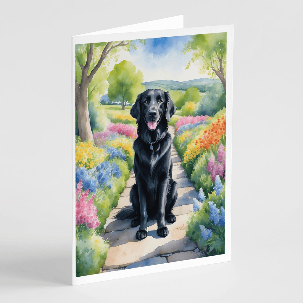 Glamorous Pups : Flat-Coated Retriever Spring Path Greeting Cards Pack of 8
