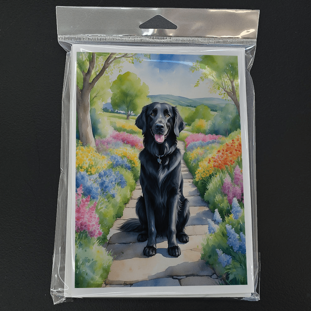 Glamorous Pups : Flat-Coated Retriever Spring Path Greeting Cards Pack of 8