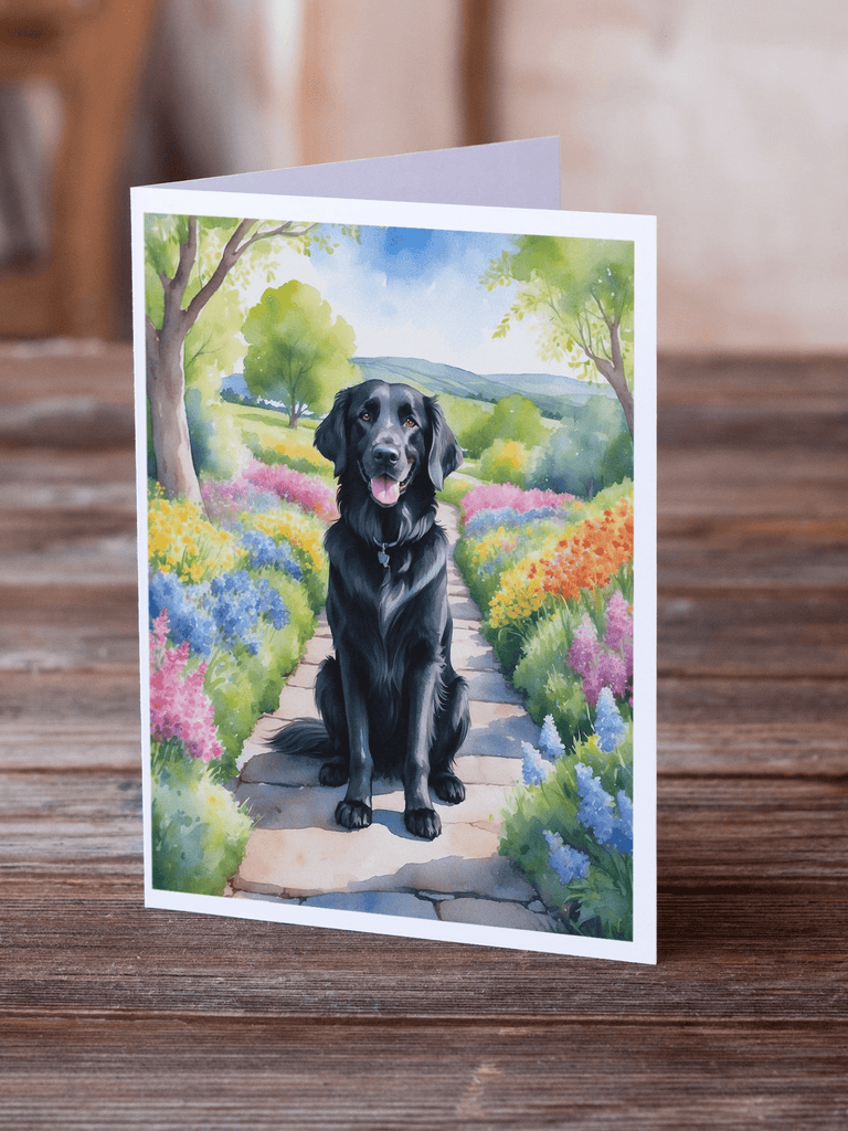 Glamorous Pups : Flat-Coated Retriever Spring Path Greeting Cards Pack of 8