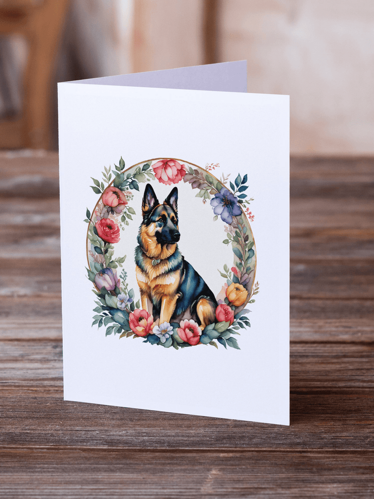 Glamorous Pups : German Shepherd and Flowers Greeting Cards Pack of 8