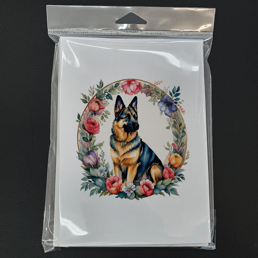 Glamorous Pups : German Shepherd and Flowers Greeting Cards Pack of 8