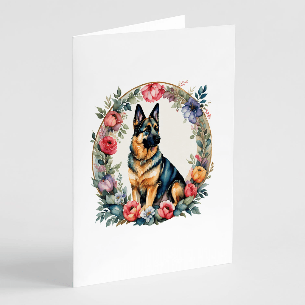 Glamorous Pups : German Shepherd and Flowers Greeting Cards Pack of 8