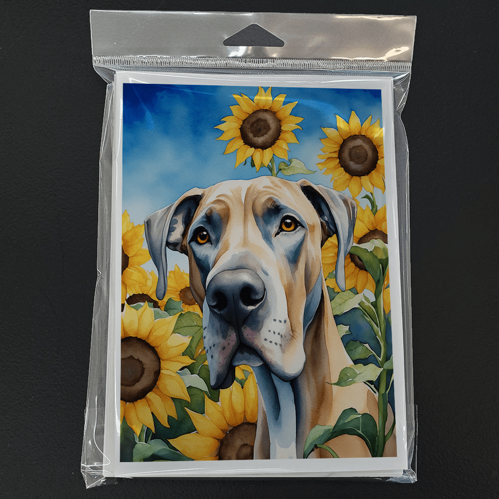 Glamorous Pups : Great Dane in Sunflowers Greeting Cards Pack of 8