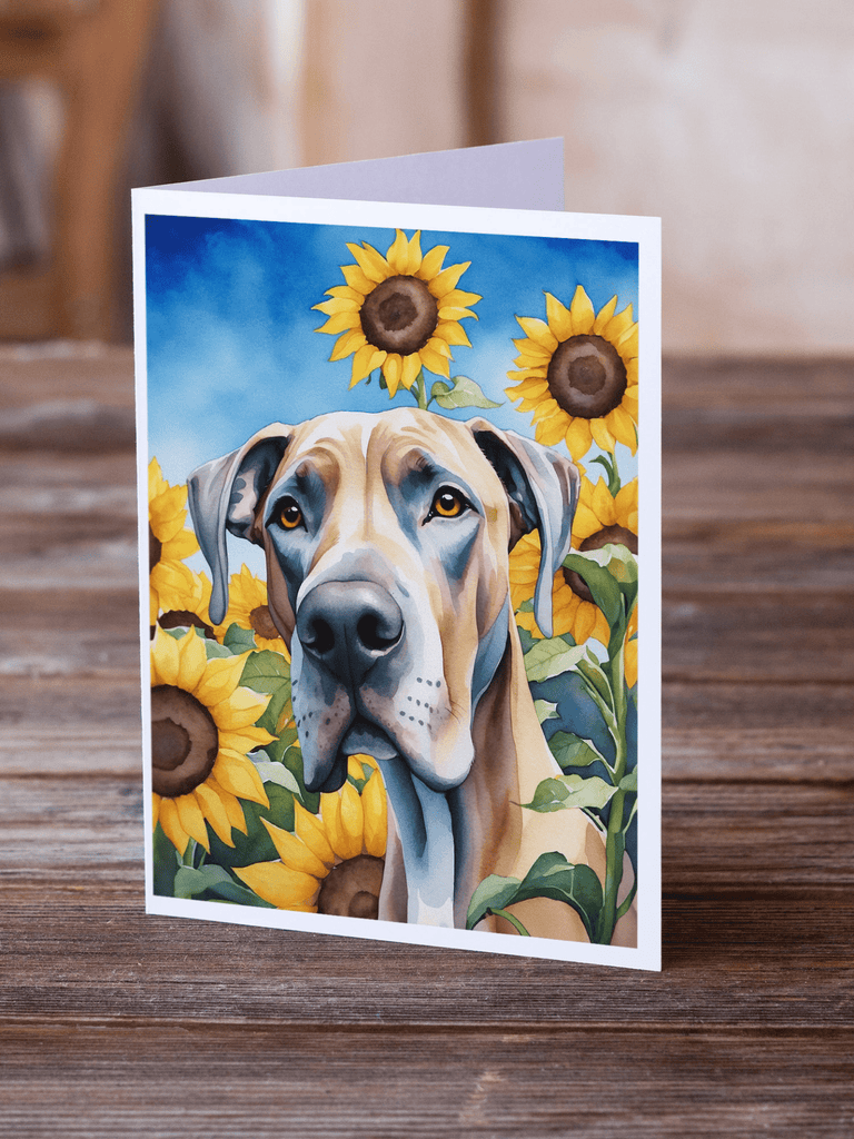 Glamorous Pups : Great Dane in Sunflowers Greeting Cards Pack of 8