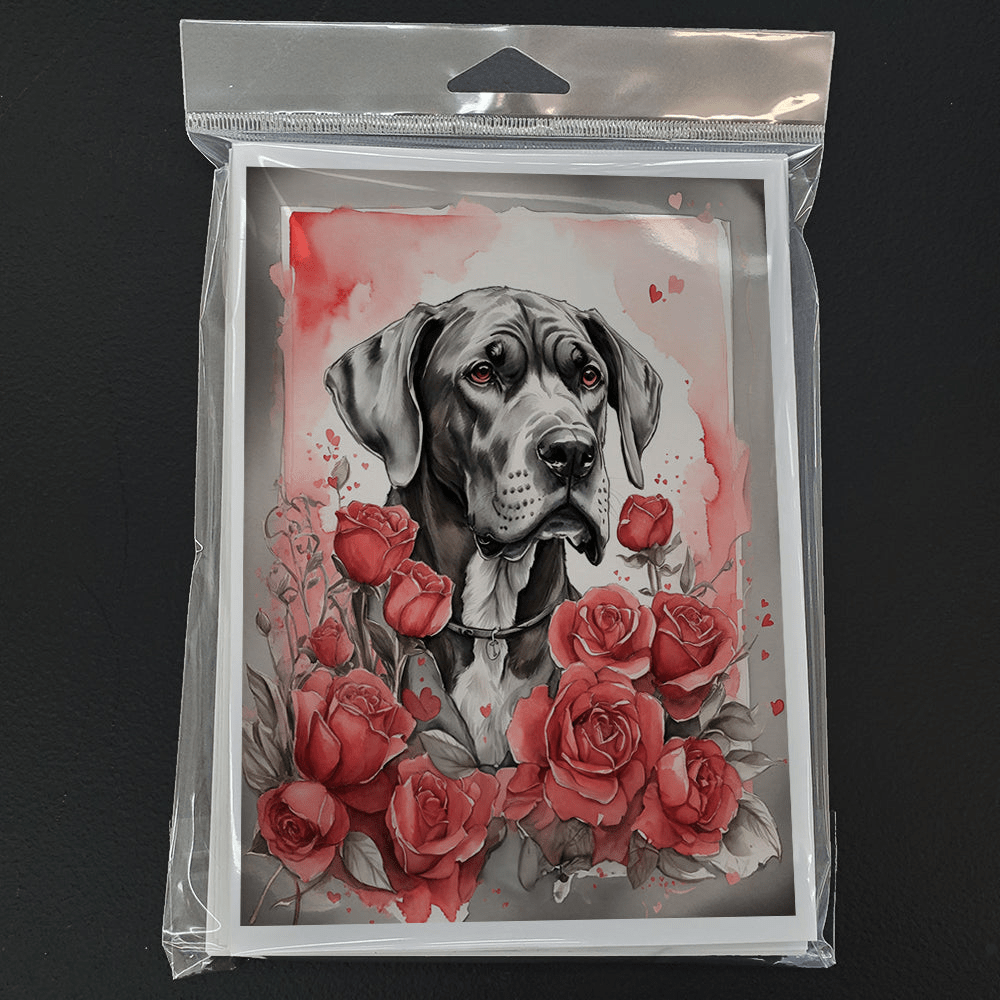 Glamorous Pups : Great Dane Valentine Roses Greeting Cards Pack of 8