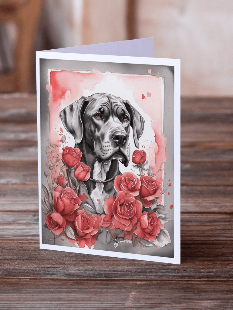 Glamorous Pups : Great Dane Valentine Roses Greeting Cards Pack of 8